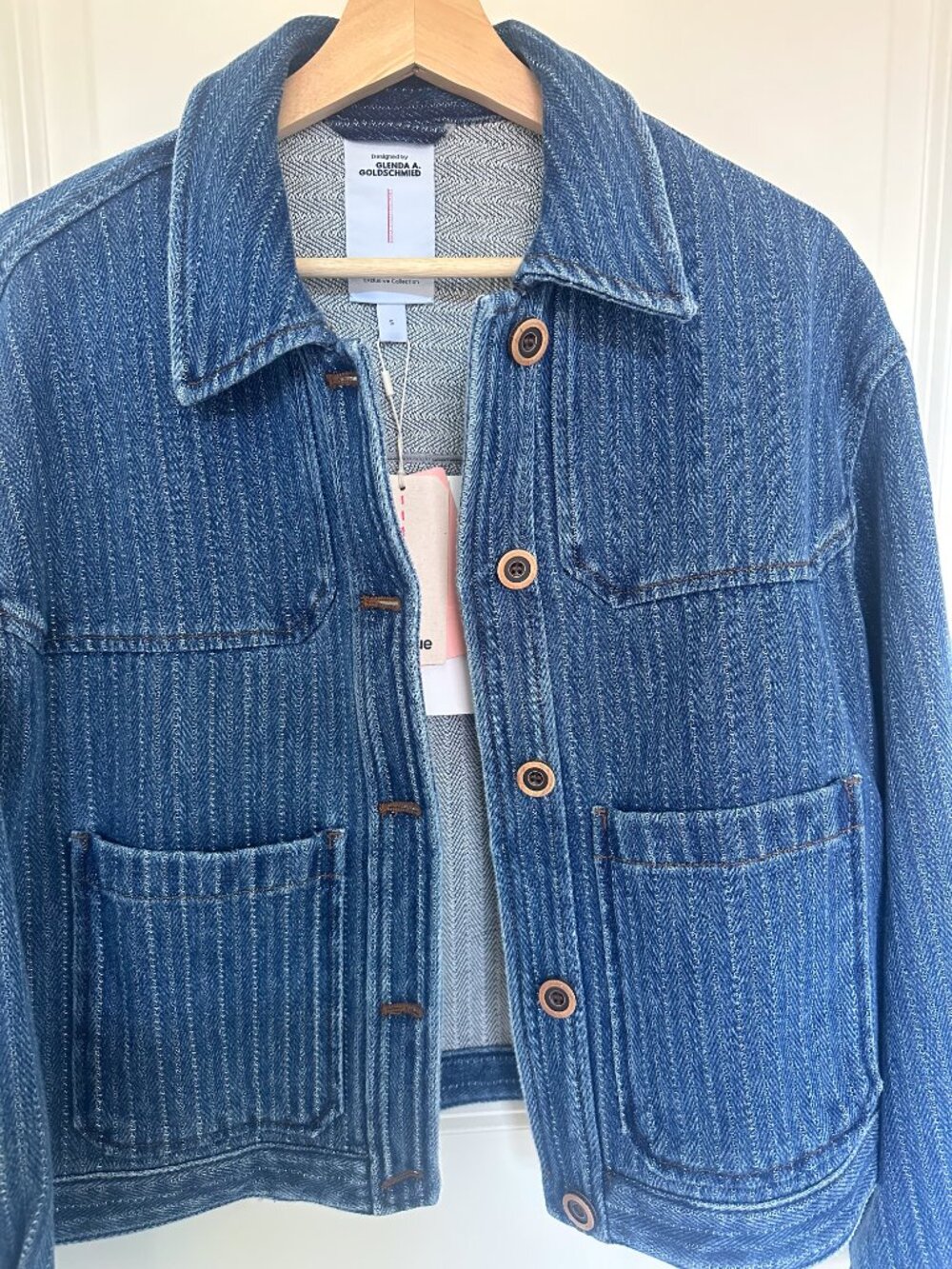 Fabrique Striped Washed Blue Pocket Jacket in Herringbone Denim | Size Small - Picture 8 of 11